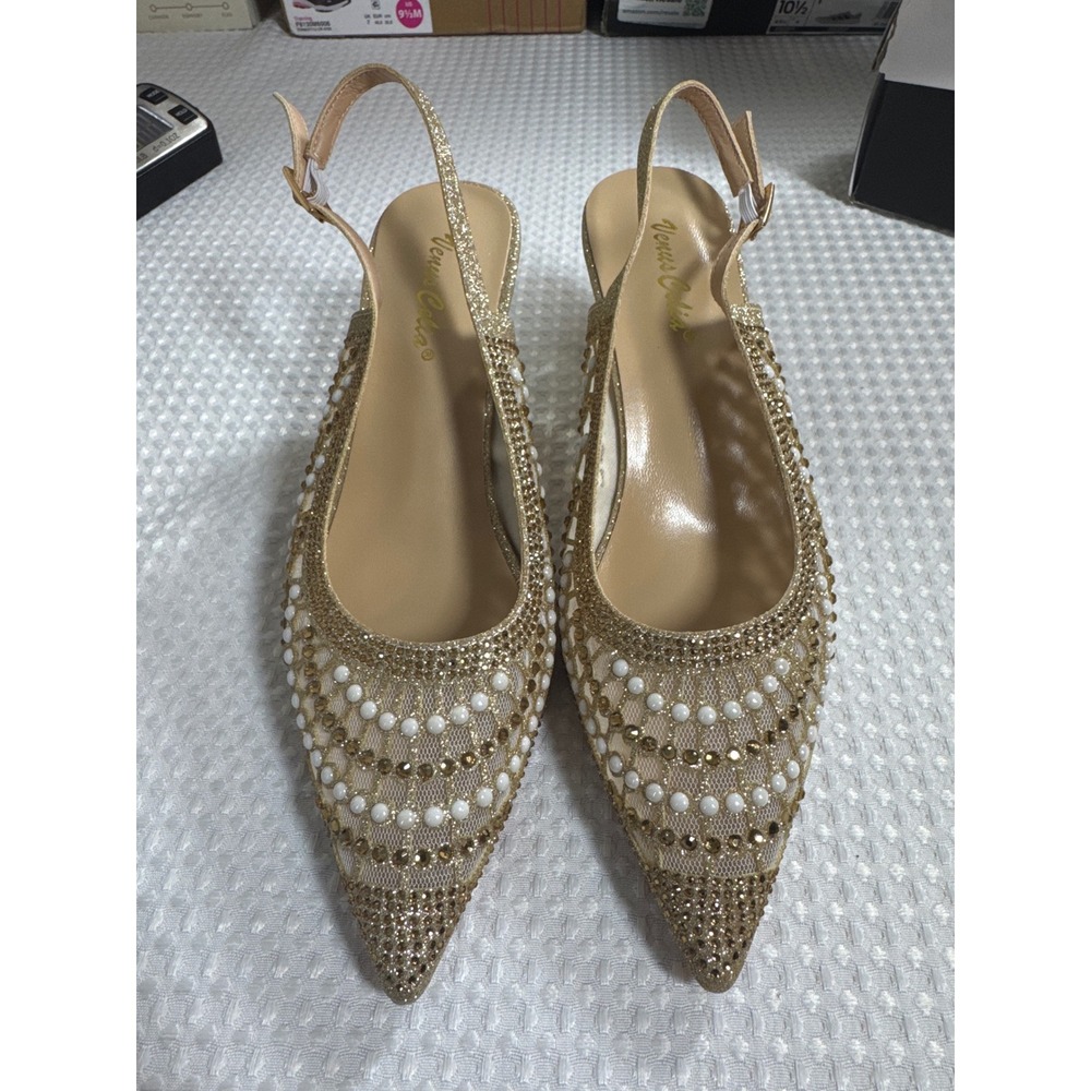 Venus Celia Slingback Pumps Womens 9 Gold Rhinestone Pearl Kitten Heel NWOB